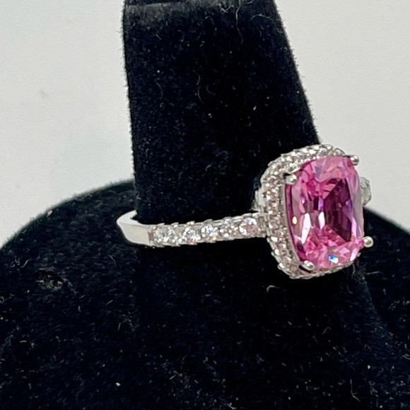 PLATINUM PLATED SS 925 2CT ROUND CUT PINK SAPPHIRE W/CZ DIAMONDS RING - Picture 2 of 6